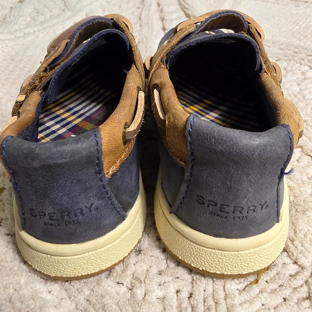 Mini Sperry Boat Shoes Navy Brown Leather Plaid Memory Foam Baby Toddler Boy 8